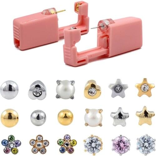 Dolphinmishu 316L Surgical Steel Disposable Crystal Ear Piercing Units Safety Stud Earring Gun Kit Heart Flower Star Shapes