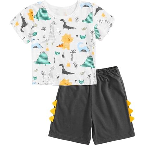 2Pcs Children Summer Tracksuits Cartoon Dinosaur Print O-Neck Short Sleeves T-Shirt + Elastic Waist Shorts for Boys 2-6 Years