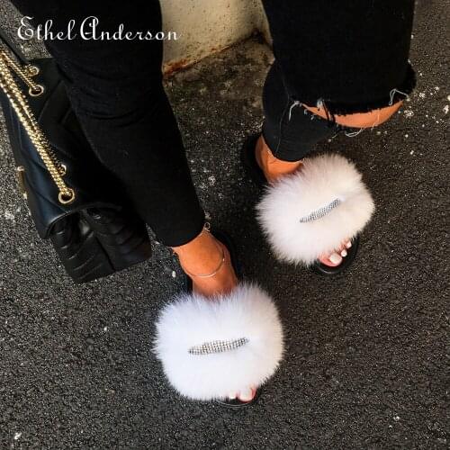 Ethel Anderson Real Fox Fur Furry Slides Flip Flops Slippers Womens Shoes for Women 2020 Rhinestones Decoration Outdoor Footwea