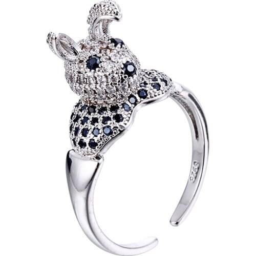 100% 925 sterling silver fashion shiny cz zircon cute rabbit ladies`party rings jewelry women birthday gift open ring girl