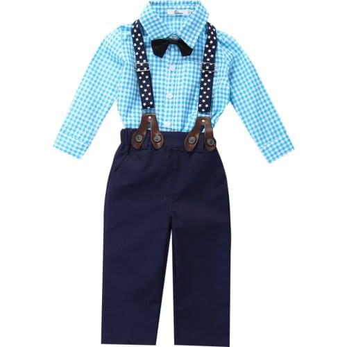 2pcs Baby Set!!Baby Boy Blue Plaid Long Sleeve Bow Shirt Tops+Suspender Long Pants Party Suit