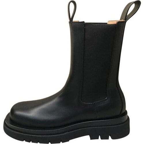 Leather Boots Women Shoes Brand Fall Winter Warm Short Mid-Calf Boots Platform Flats Shoes Waterproof Water Shoes Non-slip Boots