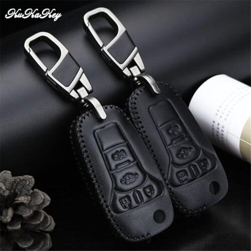 Leather Key Fob Cover Case Shell Holder For Ford Ka 2017 Focus Fiesta Fusion F150 F-150 Mustang Explorer Flip 4 Buttons Keychain
