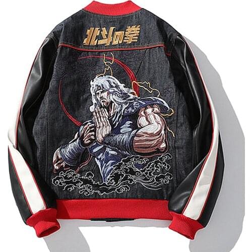 Fashion Streetwear Vintage Embroidered FIST OF THE NORTH STAR Yokosuka Denim PU Splicing Men Boys Jackets Coats Stripe Thicker