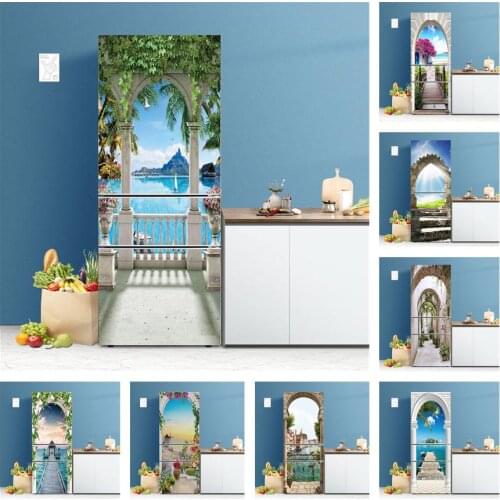 Balcony Lake View 3D Door Wallpaper Corridor Bedroom Decor Door Sticker Self Stick PVC Scenery Wall Decals Autocollants de porte