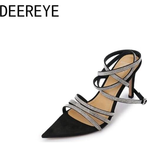 New Ankle Lace-Up Strap Rhinestone Crystal Roman Stiletto Thin High Heels Slingback Sandals 8.5CM Pointed Toe Dress Party Shoes