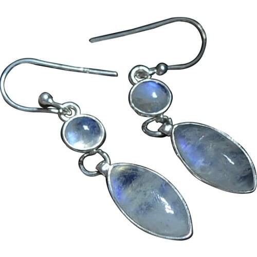 Genuine Blue Fire Moonstone 925 Sterling Silver Earrings, 41 mm, AE2593