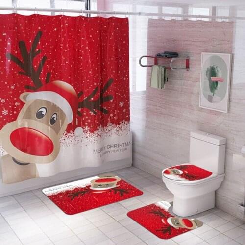 Merry Christmas Shower Curtain Snowman Bell Bathroom Suit Santa Claus Reindeer Snowflake Toilet Cover Mat Non Slip Rug Set