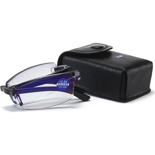 Foldable Rimless Reading Glasses Men Anti Blue Portable Tr90 Temple Plastic Presbyopic Glasses Women Mini Ultra Light Free Case