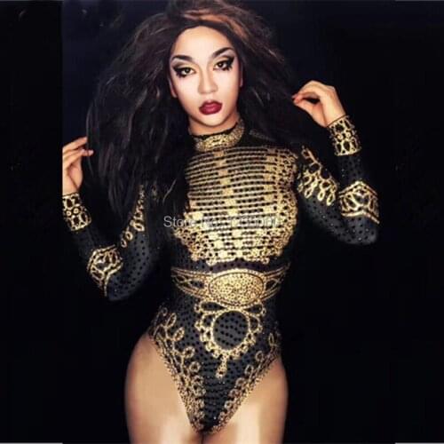 Sexy Glisten Black Gold Crystals Bodysuits Leotard Long Sleeves Outfit singer Nightclub Costume