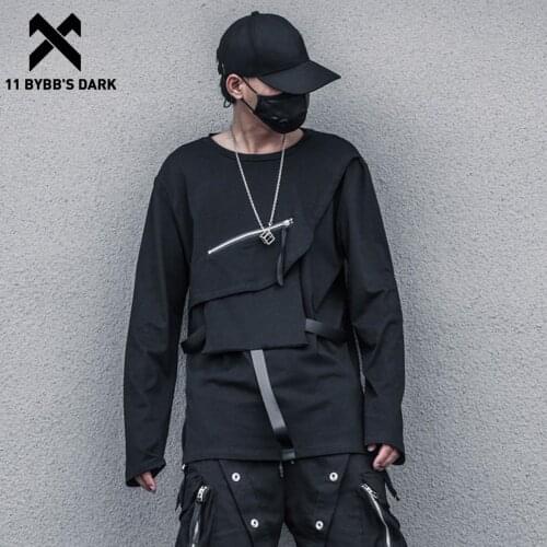 11 BYBBS DARK Harajuku Zipper Pockets Ribbons Sweatshirt Hoodie Men Hip Hop Streetwear Loose Cotton Pullover Sweatshirts Tops