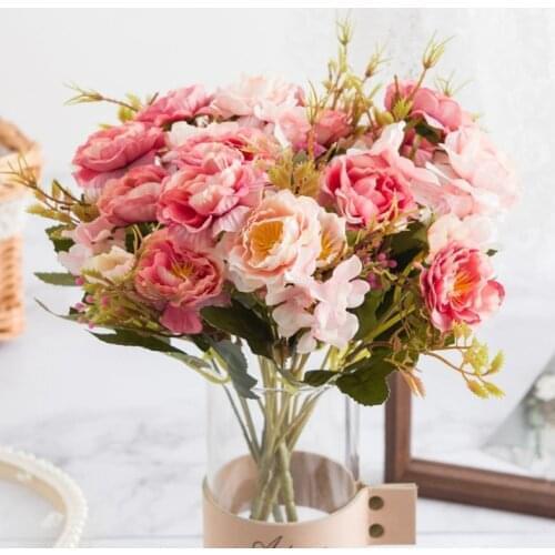 European Vintage Artificial Silk Tea Rose Flowers 6 head 4 Small bud Bouquet Wedding Home Retro Fake Flower Party DIY Decoration