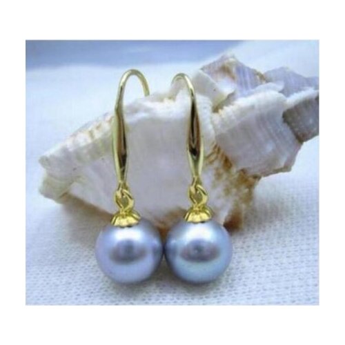 Gorgeous a pair 9-10mm AAA south sea round grey pearl dangle earring 14k