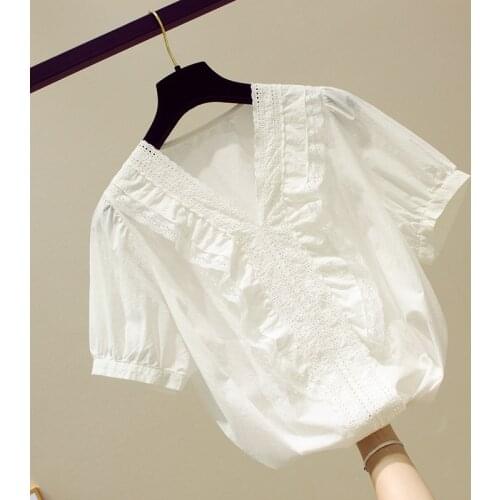 Sweet Style White Women Blouse Summer New Design 2021 V-Neck Slim Solid Elegant Office Lady Pulls Tops