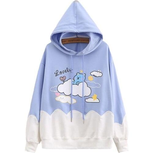 Cloud Bear Print Harajuku Cotton Hoodies Women Sweatshirt Female Spring Autumn Thin Hooded Student Slim Coat Lovely Top Girl