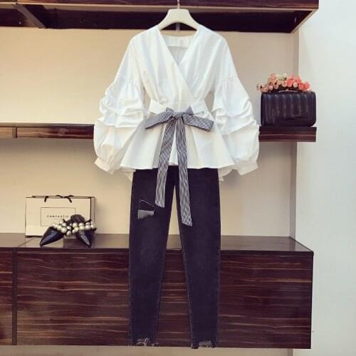 Plus size 2020 Spring Summer Pants Set Women Lantern Sleeve V Neck White Belt Shirt + Jeans Pencil Hole Trouser Suit Plus Size