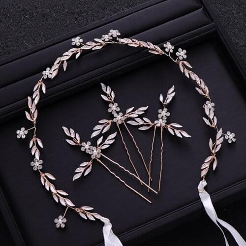 4pcs Gold Pearl Crystal Leaf Bridal Headband Hair pin Wedding Headpiece Handmade Women Hair Jewelry Wedding Hair Accessories