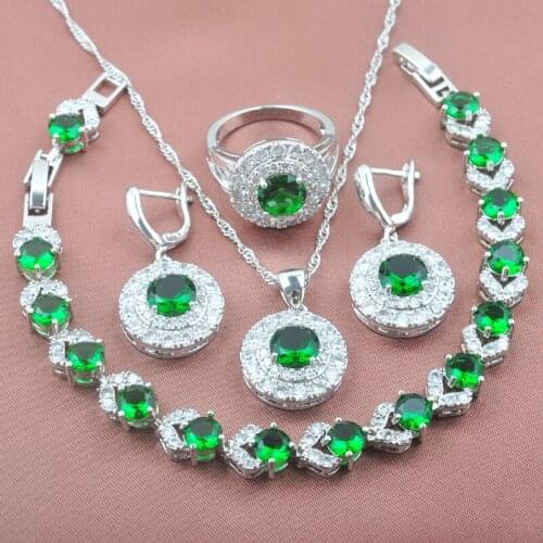 Round Green Zirconia Womens Crystal Jewelry Sets Bracelet Silver Color Necklace Pendant Earrings Ring 2021 New YZ0273