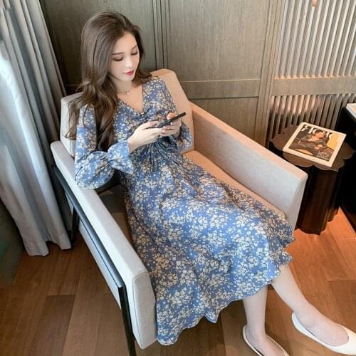 Vetement Femme 2021Spring Vestido Floral Dress Long Sleeve Ropa Mujer Woman Chiffon Blue Dress Robe Femme A153