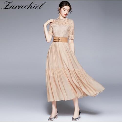 Holiday Lace Hook Flower Hollow Out Stitching Elegant Belted Pleated Dress Autumn Women Runway Beige Maxi Party Sashes Vestidos