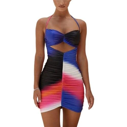 Women Sexy Dress Neck-Hanging Pleated Hollow Out Wrapped Slim Off Shoulder Party Midi Dress Summer Spaghetti Strap Backless