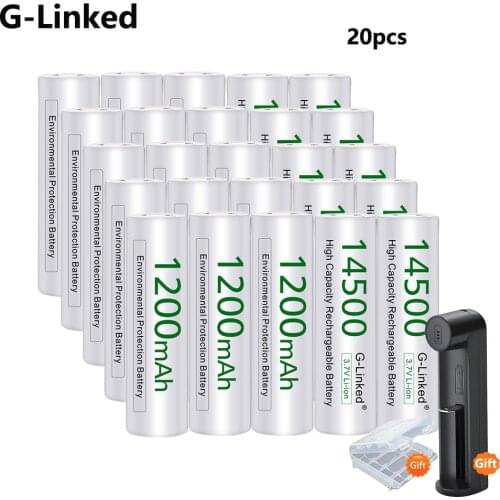 20PCS 14500 1200mAh 3.7V Li-ion Rechargeable Batteries AA Battery Lithium Cell for Led Flashlight Headlamps Toys with Gift