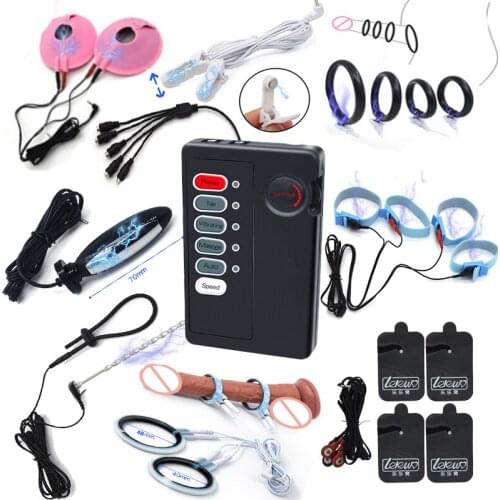 Electric Shock Anal Vagina Plug Urethral Catheter Penis Plug Cock Ring Nipple Clamps Massage Pad Electro Stimulation SM Sex Toys