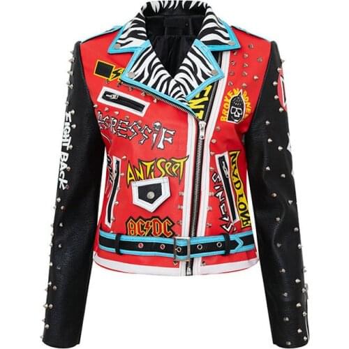 Free Shipping Newest Autumn Short Motocycle Biker Jacket Women Graffiti Spiked Punk Leather Jackets Rockers Style Plus Size XXXL
