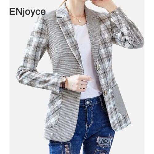 New Casual Plaid Patchwork Suit Blazer Women Long Sleeve Vintage Grey Hit Color Slim Suits Spring Fall Fashion Clothes Workwear