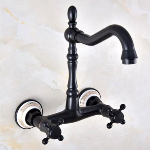 Black Oil Rubbed Bronze Bathroom Kitchen Sink Faucet Mixer Tap Swivel Spout Wall Mounted Two Handles mnf873
