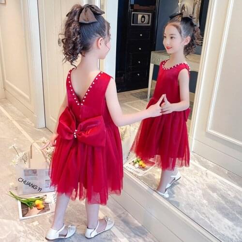 Kids Dresses for Girls Summer Clothes Sleeveless Big Bow Party Costume Red Children Elegant Performance 3-11Y Girls Casual Wear