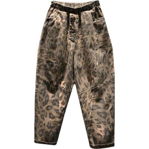 All-Matched Casual Cotton Denim Harem Pants Autumn New Fashion Women Elastic Waist Loose Leopard Print Vintage Jeans