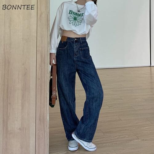 Jeans Women Korean Style Denim Trousers All-match Autumn Blue Vintage Straight Teens Baggy Female High Waist Daily Retro Pockets