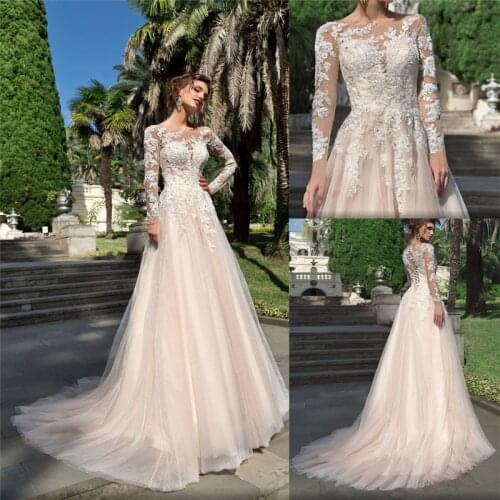 Beautiful Long Sleeves Lace Appliques Beaded Wedding Dresses Bridal Gowns Lace Up Back Corset Garden New 2020 Bride Dress Bling