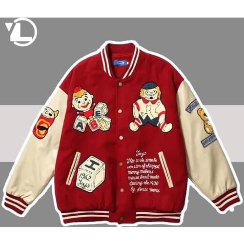 Varsity Baseball Jacket Men Women Cartoon Bear Heavy Embroidery College Jackets Hip Hop Korean Oversized Bomber Coats Unisex