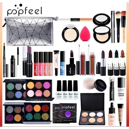 POPFEEL Makeup Set Eyeshadow Lipstick Eyebrow Pencil Lipgloss Makeup Brush Powder Puff Nail Polish With Makeup Bag Cosmetics Kit
