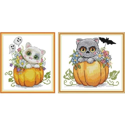 Halloween Cat Painting Counted Cross Stitch Set for Embroidery Kit 14CT 11CT DMC DIY Crafts for Needlework Kit Printed on Canvas