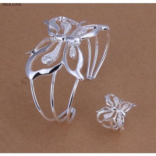 Hot Silver color jewelry sets with zircon butterfly bangles rings for woman pretty cute party gift Top quality factory price