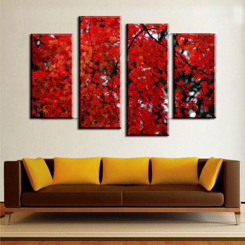4pcs The Blood Red Maple Leaves Wall Art Picture For Living Room Home Decor Printed Landscape Oil Painting On Canvas Art Print