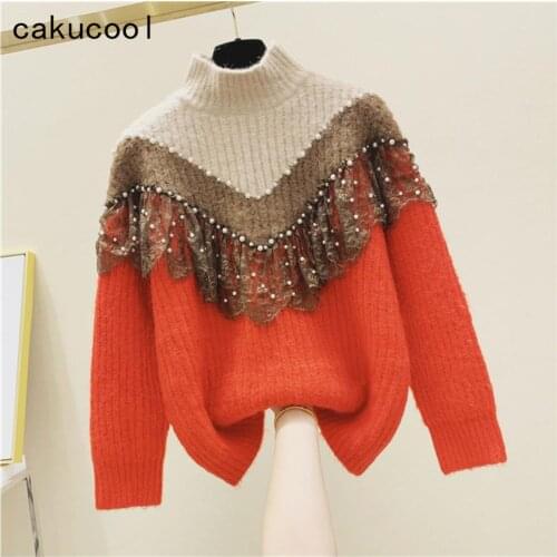 Cakucool New Mesh Lace Patchwork Sweater Half Stand Collar Color Patch Ruffles Beading Sweater Korean Cute Girls Sweater Jumpers