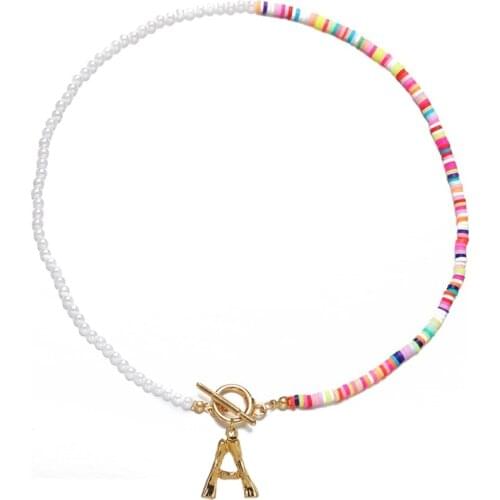 TAUAM Initial Letter Simulated Pearl Bohemian Multicolor Polymer Clay Collar Necklace Handmade Color Necklace Jewelry for Women