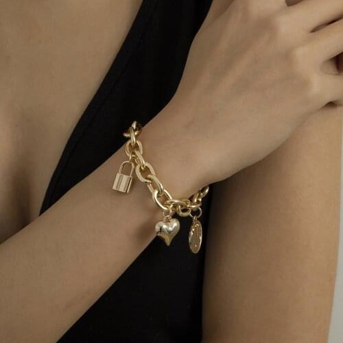 Punk Dainty Love Heart Lock Bracelet For Women Charm Gold Silver Color Coin Planet Pendant Link Chain Bracelet On Hand Jewelry