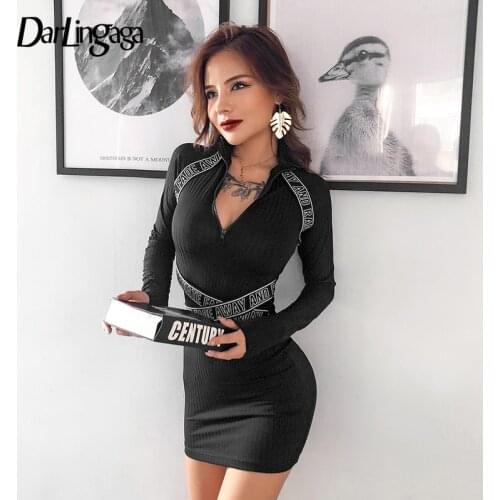 Darlingaga Streetwear Patchwork Stripe Black Dress Bodycon Zipper Autumn Winter Dress Women Half Turtleneck Mini Dresses Vestido