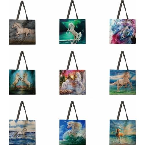 Seaside horse print tote bag linen bag casual folding shopping bag outdoor beach bag daily handbag