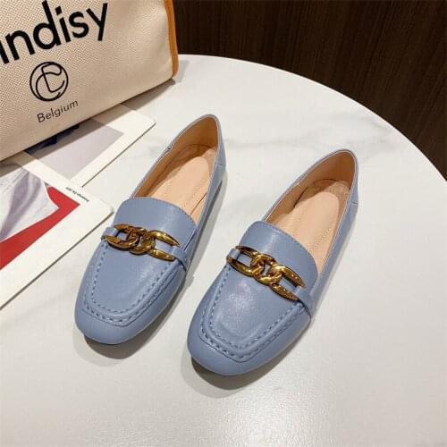 Women Flat Leather Shoes Spring Autumn Woman Metal Chains Black Loafers Low Heels Round Toe Ladies Work Flats Oxfords K3016