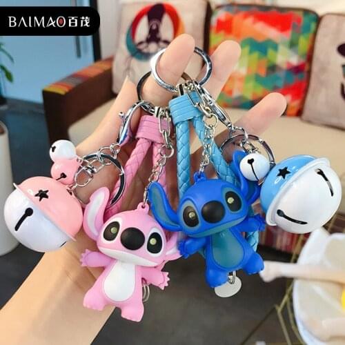 Creative Glow Anime Figure Bell Pet Paw Pendant Key Chain Cute Doll Stitch Plush Keychain for Women Kids Toys Gift