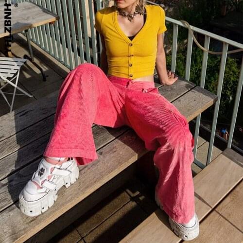 YHLZBNH Pink Women Corduroy Straight Pants Loose High Waist Autumn Winter Wide Capri Trousers for Vacation Travelling Party 2020