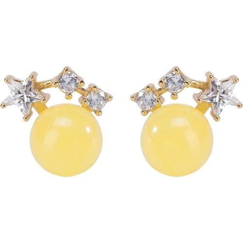 S925 sterling silver gold-plated natural amber stud earrings fashion elegant stars round beads womens earrings
