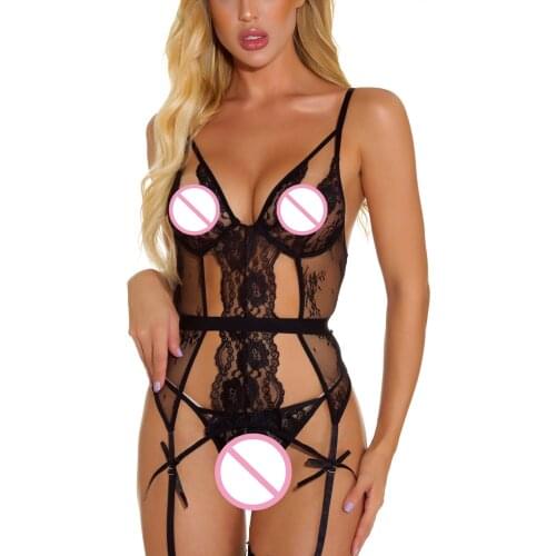 Sexy Lingerie Exotic Womens Perspective Lace Bow Jumpsuit Backless Bra Sets Solid Plus Size Underpants lenceria talla grande 00