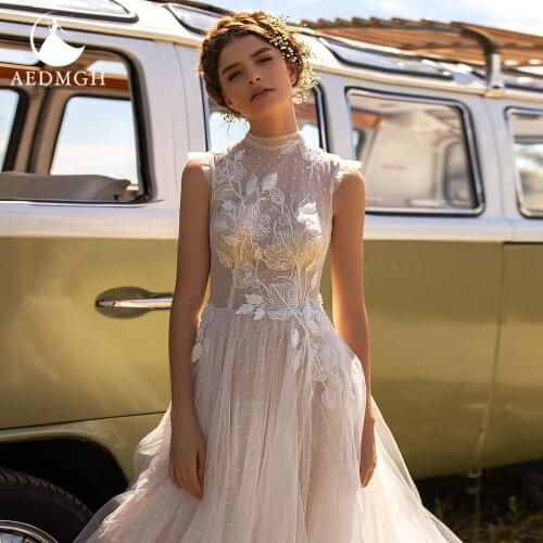 Aedmgh A-Line Beach Wedding Dresses 2021 High Neck Sleeveless Bride Dress Lace Appliques Court Train Boho Vestido De Novia